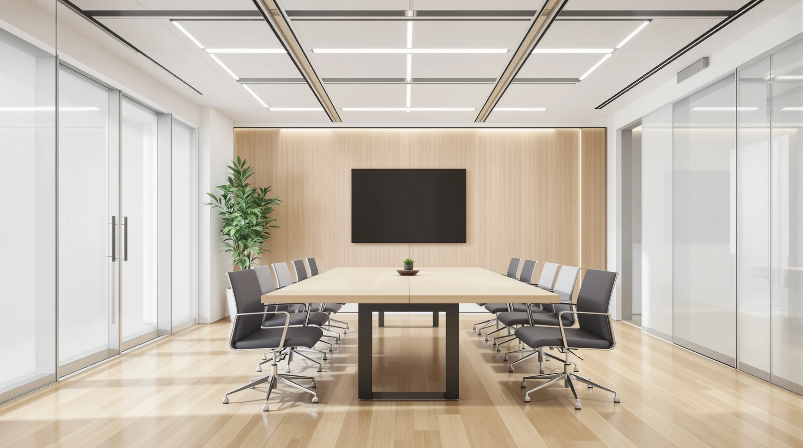 スマートロック API 無料 開発 - モダンなコワーキングスペースのガラス張り会議室エリア、清潔感のある白とグレーのインテリア、自然光が差