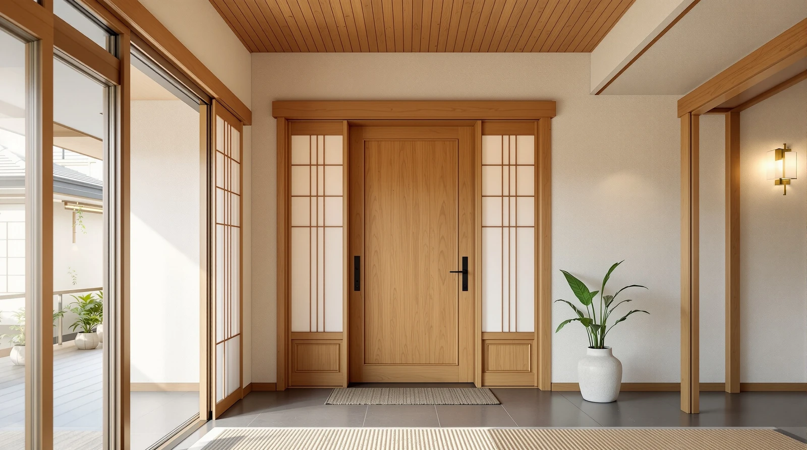 スマートロック 見守り 高齢者 - 日本の戸建て住宅の温かみのある玄関エントランス
