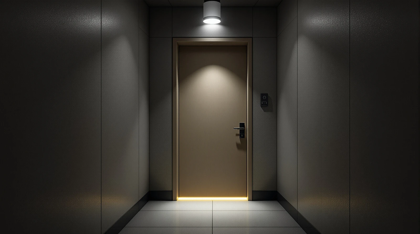 スマートロック 停電 対策 - Dimly lit Japanese apartment building hallway duri