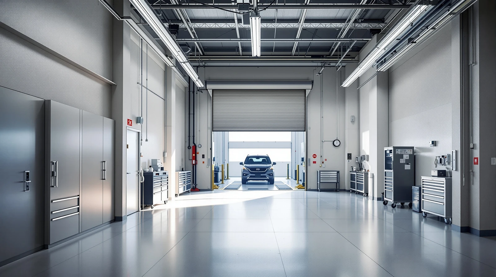 自動車 整備工場 車両 と 部品庫 鍵 管理 - Interior of a modern Japanese auto repair workshop