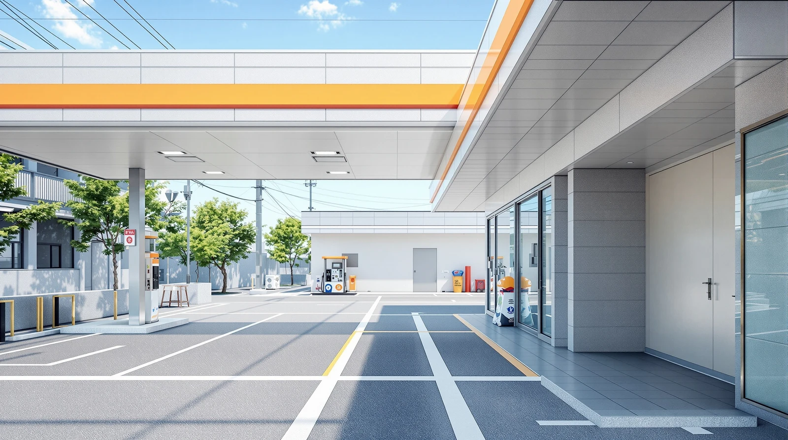 ガソリンスタンド 危険物 庫 入室 制限 運用 - 日中の清潔なガソリンスタンドの外観と敷地