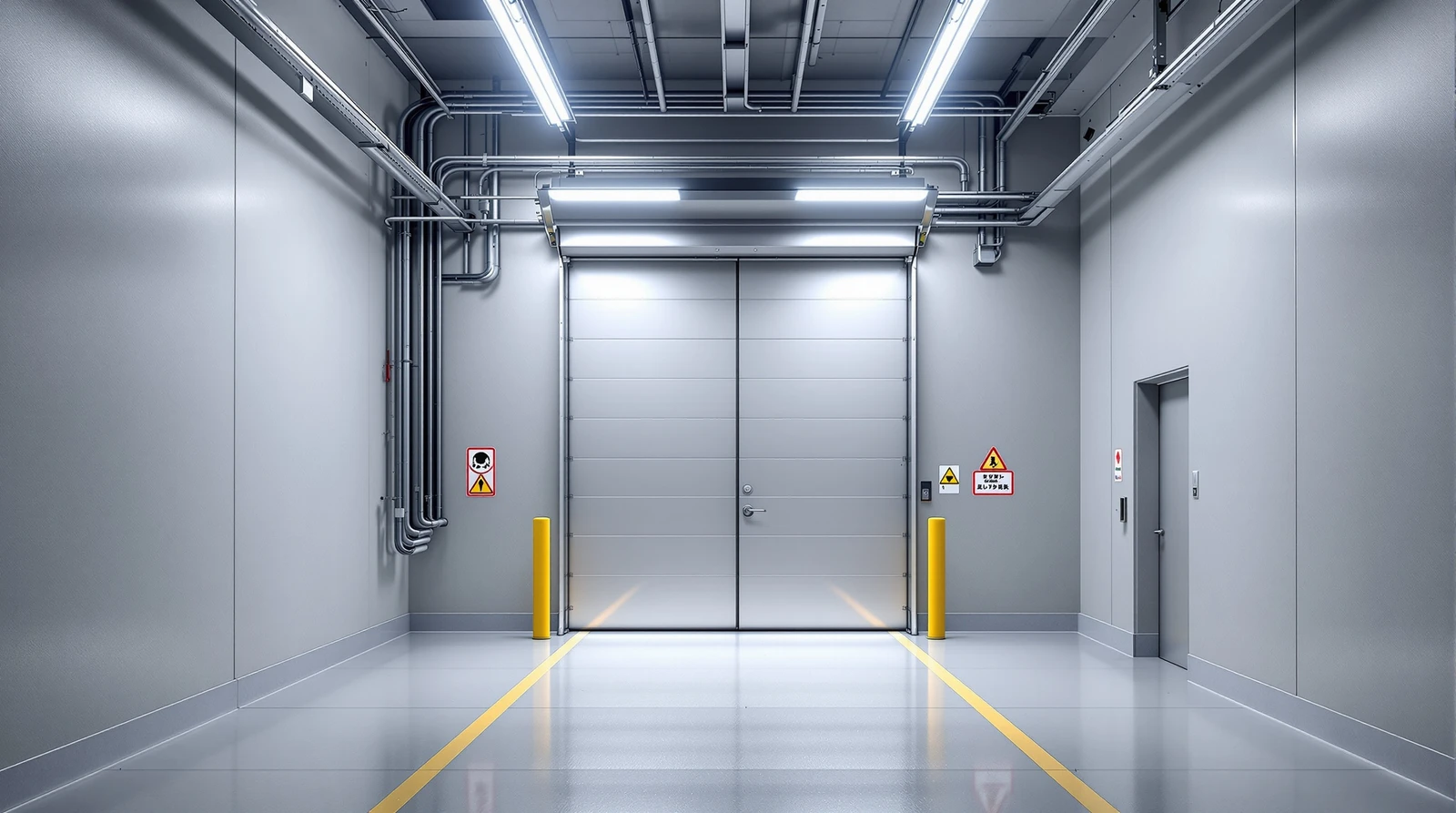 部品工場 金型 倉庫 持ち出し 管理 施錠 - Clean industrial warehouse entrance with reinforce